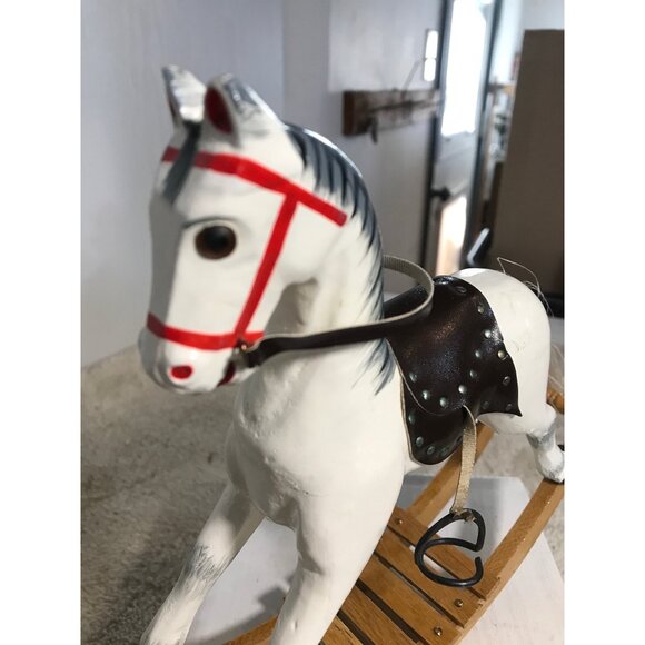 Vintage Handcrafted Wooden Rocking White Horse Decor 8” Tall 9” Long - Picture 8 of 10
